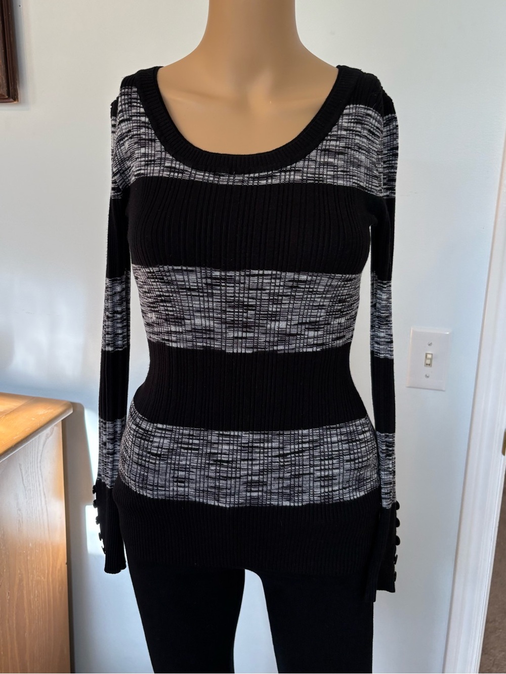 Pink Republic Black and Gray Striped Ribbed Scoop Neck Sweater